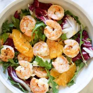 Grilled Shrimp Salad with Orange, Endive, Baby Arugula and Radicchio