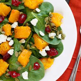 Baby Spinach Salad with Honey Roasted Butternut Squash, Pumpkin Seeds, Gorgonzola and Dried Cherries