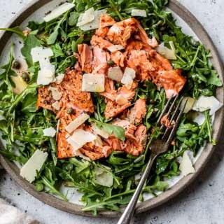 Arugula Salmon Salad with Capers and Shaved Parmesan