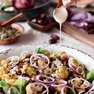 Roasted Cauliflower Salad with Lentils, Dates, and Tahini Sauce