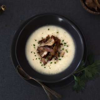Creamy Cauliflower and Celery Root Soup with Roasted Shiitakes