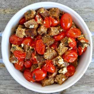 Roasted Cherry Tomatoes with Feta Cheese and Crunchy Croutons