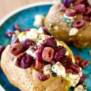 Mediterranean Stuffed Baked Potatoes with Marinated Feta and Kalamata Olives