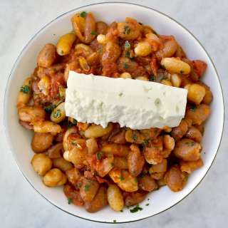 GREEK WHITE BEANS WITH TOMATO SAUCE AND FETA