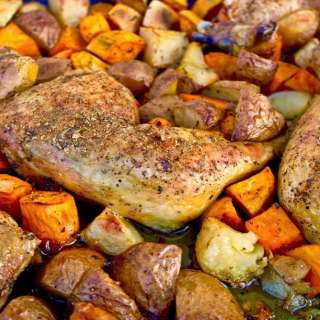 Crispy Greek Sheet Pan Chicken with Sweet Potatoes and White Potatoes