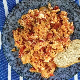 Greek Style Scrambled Eggs with Cherry Tomatoes and Feta - Kagianas