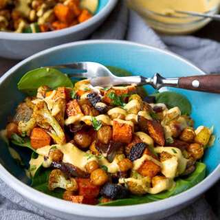 Roasted Vegetables & Chickpea Bowls with Hummus Dressing