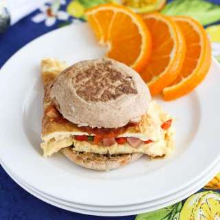 Western Omelet Breakfast Sandwich with Ham, Peppers & Salsa