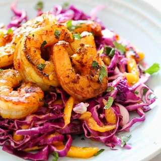 Turmeric Garlic Shrimp with Cabbage-Mango Slaw