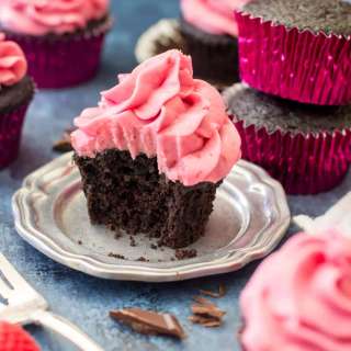 Dark Chocolate Cupcakes with Raspberry Frosting