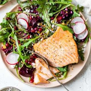 Salmon, Beet, and Arugula Salad with Pistachios and Pomegranates 