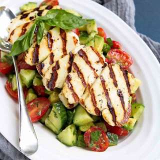 Cucumber Tomato Avocado Salad with Grilled Halloumi