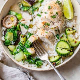 Coconut-Poached Chicken with Bok Choy and Mushrooms