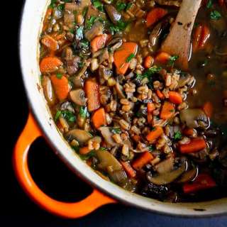 Hearty Mushroom, Farro & Ginger Soup {Vegan}