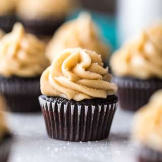 Dark Chocolate Mini Cupcakes with Salted Caramel Frosting