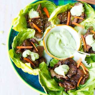 Korean BBQ Lettuce Wraps with Avocado Sauce