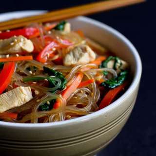 Korean Glass Noodles with Chicken & Vegetables (Japchae Recipe)