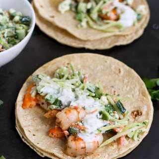 Greek Shrimp Tacos Recipe with Feta Broccoli Slaw