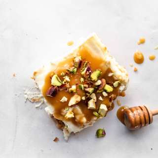 Labneh Cheesecake Bars with Honey Caramel