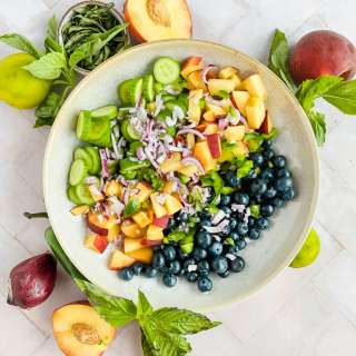 Blueberry Cucumber Salad with Peaches and Goat Cheese