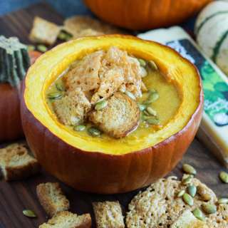 Pumpkin Cheese Soup with Garlic Basil Cheese Crisps