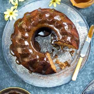 Gluten-free banana bundt cake with salted caramel