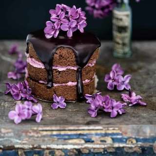 Mini Chocolate Almond Cakes with Blackberry Buttercream and Chocolate Glaze
