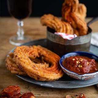 Savoury churros with garlicky tomato dipping sauce