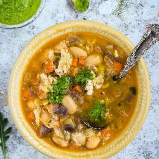 Butterbean chicken soup with rocket pesto