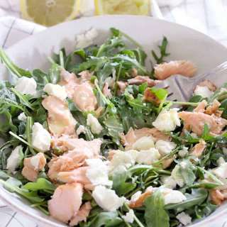 Salmon, Goat Cheese, and Arugula Salad with Creamy Lemon Garlic Dressing