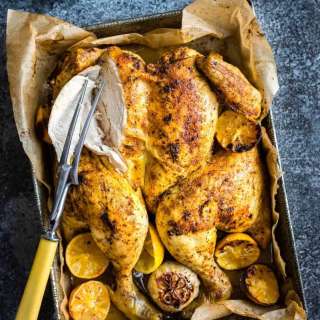Spicy butterflied chicken with sweet potato wedges
