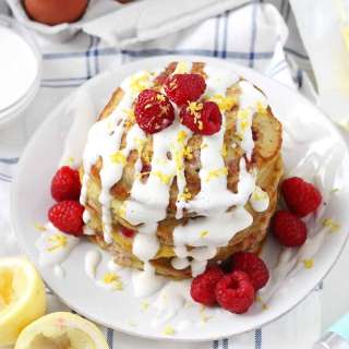 Lemon Raspberry Pancakes with Maple Cream Cheese Drizzle