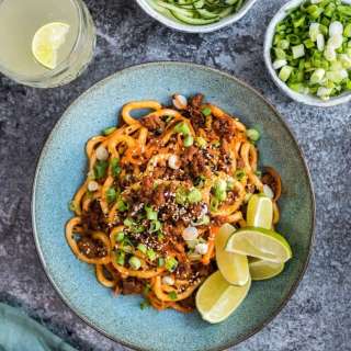 Spicy Korean crispy lamb with udon noodles