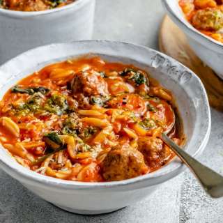 Creamy Tomato Orzo Soup with Mini Turkey Meatballs