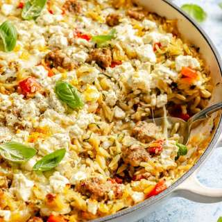 Zucchini & Sausage Baked Orzo with Hot Honey & Feta