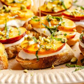 Peach Crostini with Whipped Cottage Cheese, Basil & Hot Honey