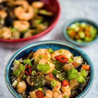 Chinese Eggplant Stir Fry with Prawns and Green Peppers