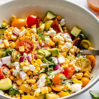 Grilled Corn Salad with Avocado, Goat Cheese & Hot Honey Vinaigrette