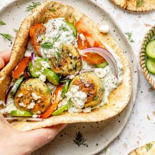 Herby Chicken Meatball Pitas with Jalapeño Tzatziki