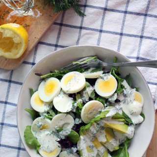 Mixed Green Salad with Egg, Avocado, and Creamy Lemon-Dill Dressing