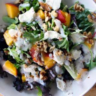 Mixed Greens Salad with Peaches, Goat Cheese, and Walnuts
