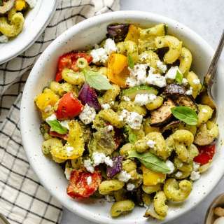 Roasted Rainbow Vegetable Pasta with Cashew Pesto + Goat Cheese