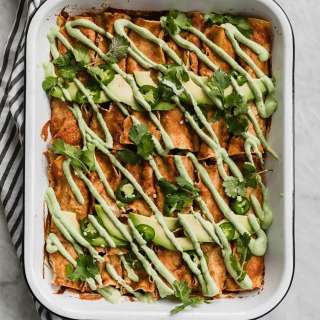 Vegan Butternut Squash Black Bean Enchiladas with Jalapeño Cashew Crema