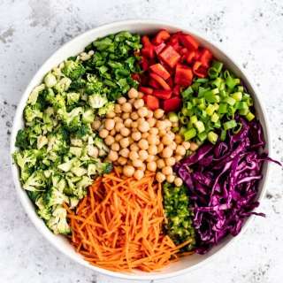 Spicy Cashew Chickpea Broccoli Salad with Ginger Peanut Dressing