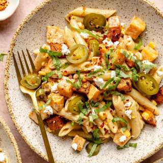 Spicy Brown Butter Goat Cheese Pasta with Sweet Corn & Honey Roasted Butternut Squash