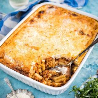 Greek Pastitsio - mince and pasta bake with cheese sauce