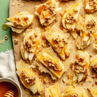 Parmesan Crusted Crostini with Pear, Walnuts & Hot Honey