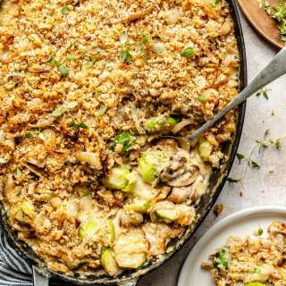 Mushroom & Brussels Sprouts Au Gratin with Crispy Parmesan Walnut Panko ‘Fried’ Onion