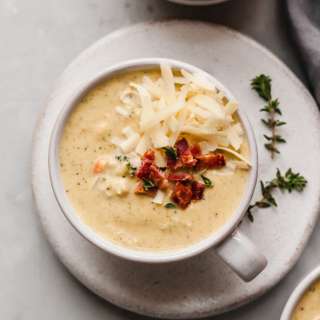 Lightened Up Cheddar Cauliflower Broccoli Soup