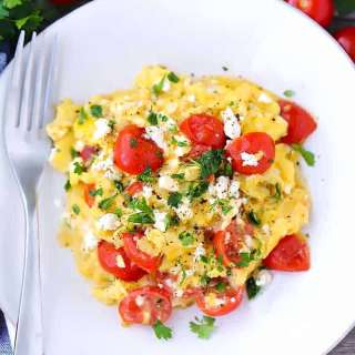 Olive Oil Scrambled Eggs with Feta and Tomatoes